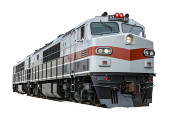 Modern passenger train locomotive with red stripe on isolated background