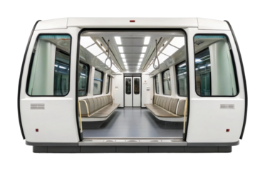 Empty modern train car interior with open doors and symmetrical design