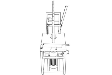 Precise Engineering Drawing: Industrial Coconut Cutter, Peeler, Dehusking Machine Tool with Conveyor System. A detailed wireframe schematic for Agricultural Food Processing Automation on PNG