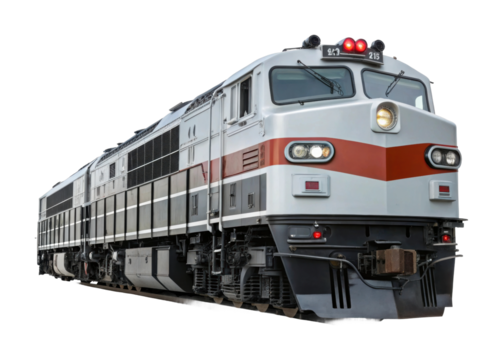 Modern passenger train locomotive with red stripe on isolated background
