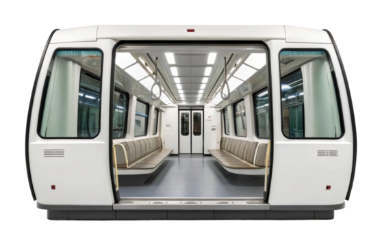 Empty modern train car interior with open doors and symmetrical design