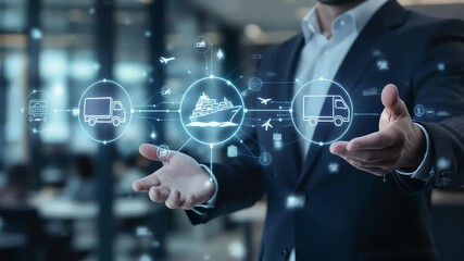 A business professional presents a modern logistics network with global transportation options. - Powered by Adobe