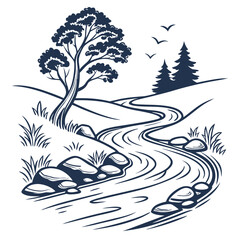 Flowing river with simple curves, isolated on a clean background for serene landscapes.