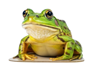 Vibrant green frog on light platform with striking details