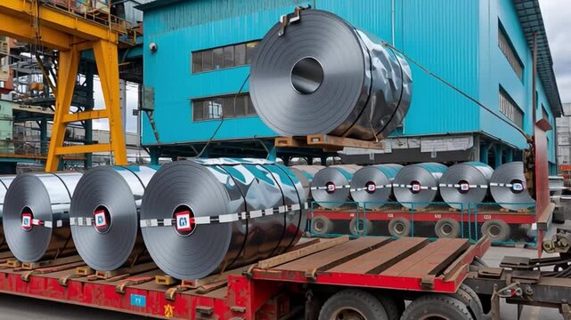 Steel Coils Unloaded From Flatbed Semi Truck