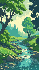 Vector Forest Landscape with Clear Flowing River Stream
