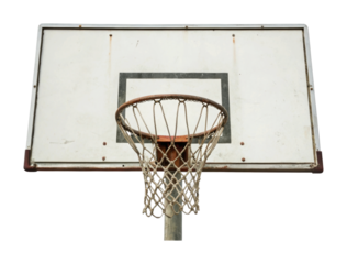 Rustic outdoor basketball hoop and net on weathered backboard