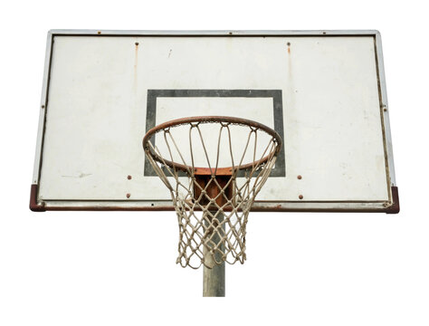 Rustic outdoor basketball hoop and net on weathered backboard