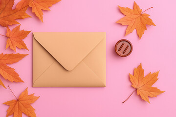 A tan envelope with a wax seal and orange maple leaves on a pink background flat lay arrangement