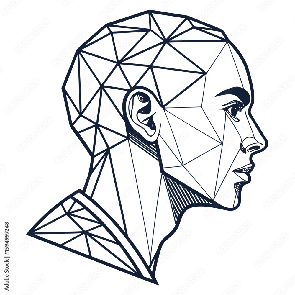 Poster geometric human profile with interlocking planes, isolated on a clean background for identity or dat