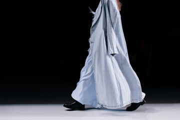 Classy elegant denim blue coat and dress, designer chic cloth on a female body