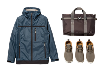 Blue jacket with brown shoes and bag flat lay display