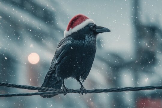 black crow wearing santa hat perched on snowy wire during winter snowfall - Powered by Adobe