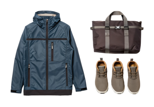Blue jacket with brown shoes and bag flat lay display