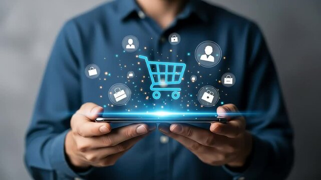 Person holding a device with shopping cart and icons hovering above the screen. - Powered by Adobe