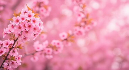 Obraz premium Spring border or artistic background with pink flowers, Beautiful nature scene with a flowering tree and a solar flare 03