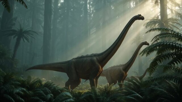 panoramic shot of gentle brachiosaurus family walking through a primeval forest with giant ferns, early morning light beams, atmospheric haze, cinematic style