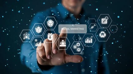 Man interacts with a futuristic interface displaying digital marketing icons and data analytics. - Powered by Adobe