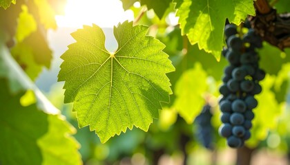 Fototapeta premium Lush green grape leaves and clusters of ripe dark purple grapes in a vineyard, bathed in sunlight.