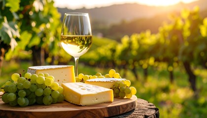 A glass of white wine sits beside wedges of cheese and green grapes on a wooden board, set against a sun-drenched vineyard backdrop.
