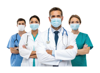 Diverse healthcare team in masks: male and female medical professionals of various races