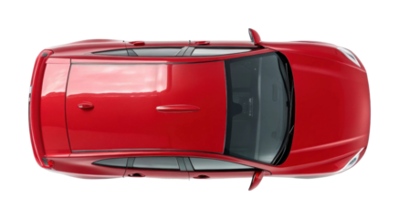 Top view of a red sedan car with sunroof and sleek design