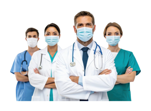 Diverse healthcare team in masks: male and female medical professionals of various races