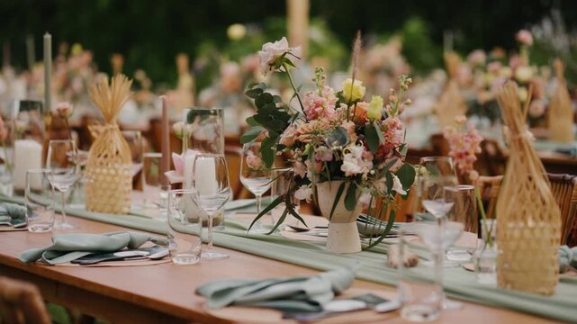 Elegant outdoor dining table set with pastel floral arrangements, candles, and rattan decor&mdash;perfect for a rustic or garden wedding reception.