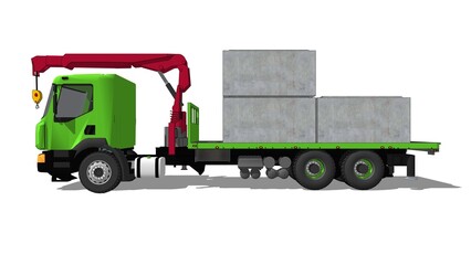 3D render of a green semitruck with a 20-ton mounted crane carrying three 200cmx200cmx120cm concrete box culverts in two front-visible rows from the side against a white set defining heavy transport