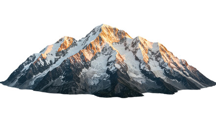 Majestic snow-capped mountain range with jagged granite peaks and icy blue glaciers, isolated on a seamless transparent background with copy space, illuminated by soft golden light concept of
