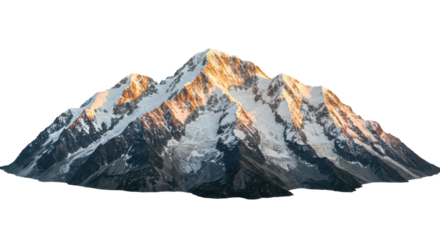 Majestic snow-capped mountain range with jagged granite peaks and icy blue glaciers, isolated on a seamless transparent background with copy space, illuminated by soft golden light concept of