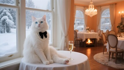 Cat dressed up for a party-snow scence