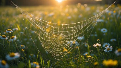 Spiderweb glistens with dew in wildflower meadow during morning light