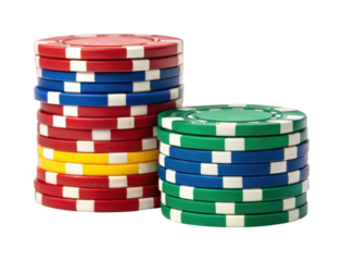 High stacks of assorted casino chips in various colors for poker games