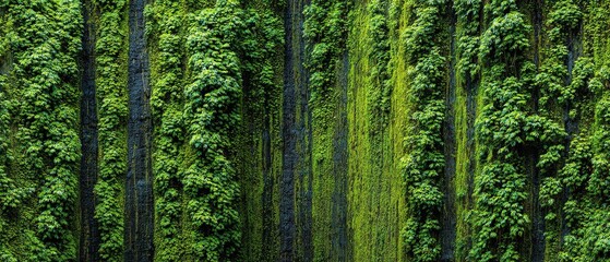 Fototapeta premium Tropical curtain of Hawaii Akaka Falls with rainforest moss texture in vertical composition, exotic art for travel magazines or botanical studies.