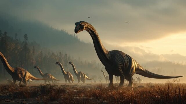 ultra-realistic wide shot of a herd of dinosaurs grazing in a misty prehistoric valley at sunrise, cinematic golden hour lighting, detailed environment, soft focus background, photorealistic