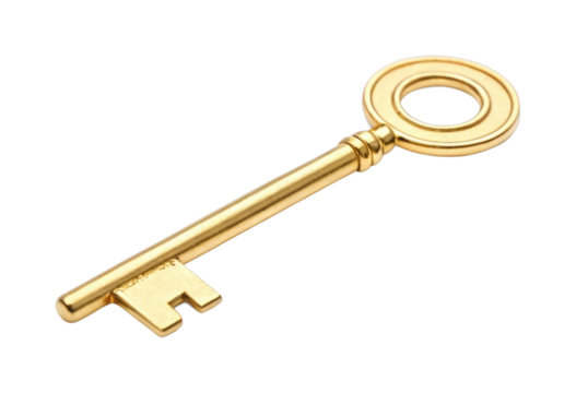Elegant gold skeleton key with round head on plain surface