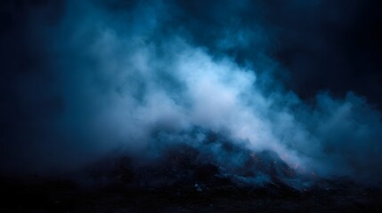 Billowing smoke from a burning waste pile in the night