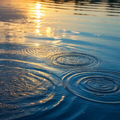 Ripples on blue water surface with golden sunset reflections texture
