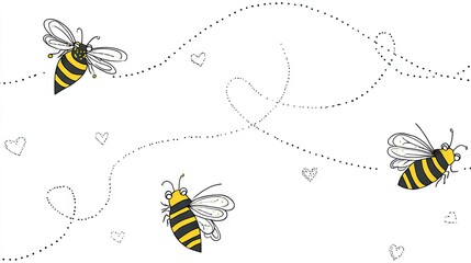 Cute cartoon bees flying on dotted lines with hearts.