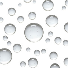 Transparent, glistening water droplets of various sizes, showcasing intricate internal reflections on a pristine, bright white background with copy space, captured via extreme macro photography,