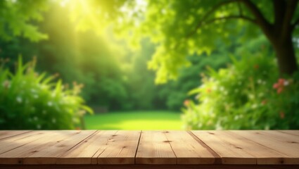 Wooden Tabletop with Blurred Green Garden Background Sunlight 1