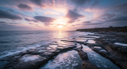 Serene Coastal Sunset Over Rocky Shoreline with Tide Pools