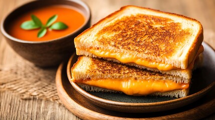 Golden Grilled Cheese Sandwich Served with Tomato Soup