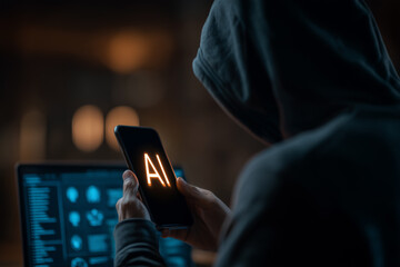 A hooded figure uses a phone and laptop in a dark setting, highlighting phishing alerts and AI-based threats. 