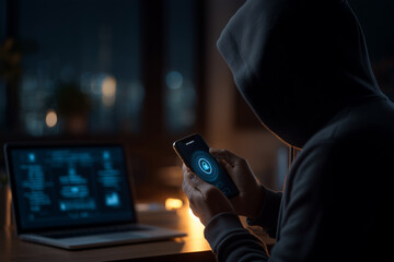 A hooded figure uses a phone and laptop in a dark setting, highlighting phishing alerts and AI-based threats. 