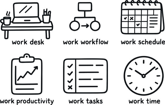 hand drawn cute doodle style isolated work desk station work workflow diagram work schedule planner work productivity tracker work task board work time clock
