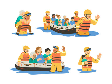 Collection of vector illustrations showing rescue teams and emergency responders saving people from flood water. Concept for disaster preparedness and humanitarian content in cartoon style