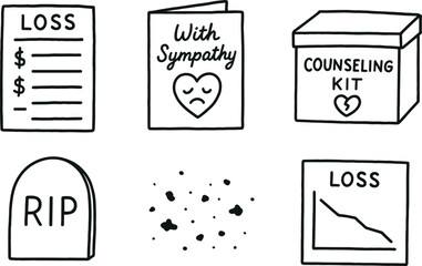 hand drawn cute doodle style isolated loss ledger entry loss bereavement card loss grief counseling kit loss memorial plaque loss residue trace loss statistics chart