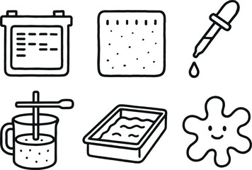 hand drawn cute doodle style isolated gel electrophoresis slab gel polymer matrix gel droplet dispenser gel viscometer cup gel casting tray gel polymerase enzyme